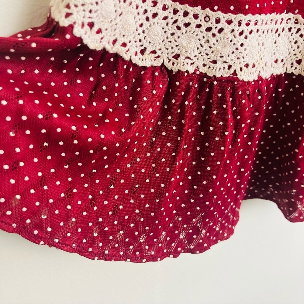 Vintage 1970s girls brick red polkadot prairie dress with crochet trim. Size 11. - Picture 5 of 5
